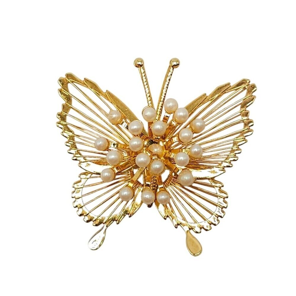 Gold Tone Butterfly Brooch With Faux Pearl Accents By Monet